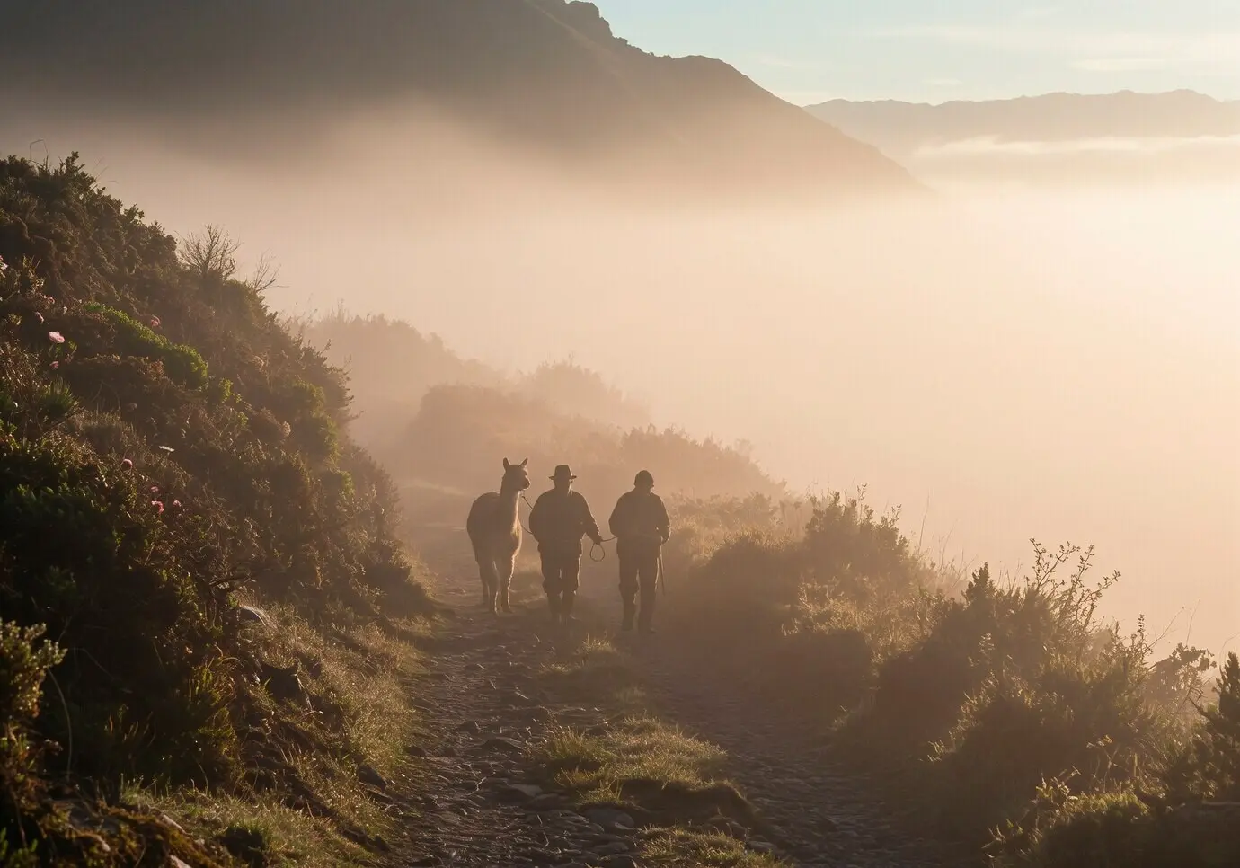 Menschen gehen mit einem Lama in einer nebligen Berglandschaft.